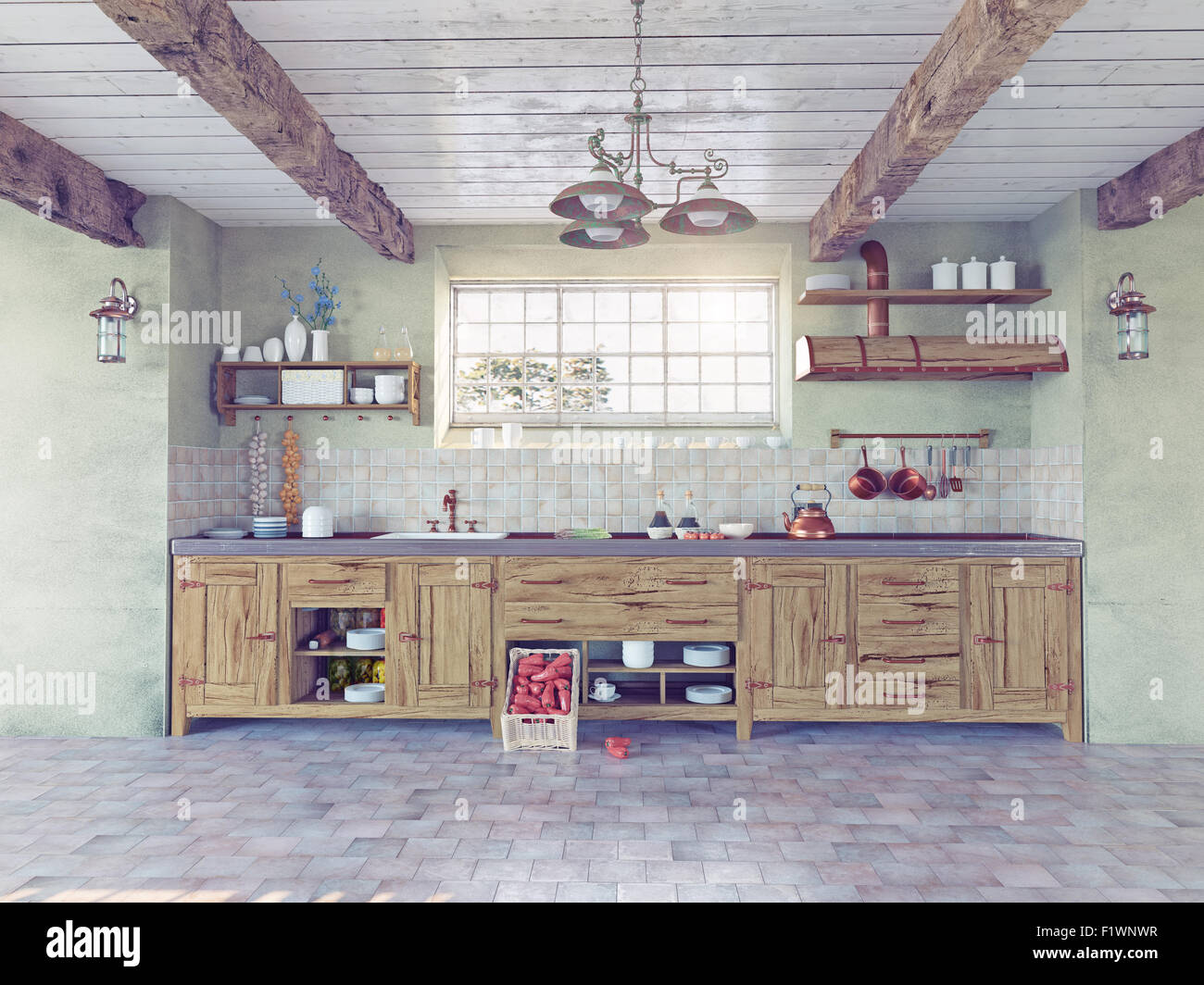 Bella e antica cucina stile interno. 3D concept Foto Stock