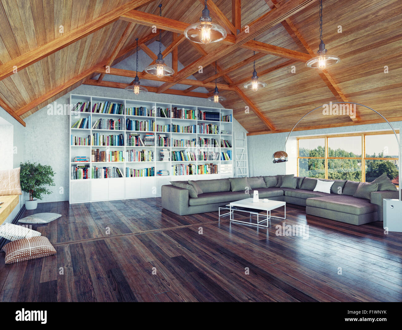 Splendido attico moderno interni 3d design concept. Realistico effetto DOF Foto Stock