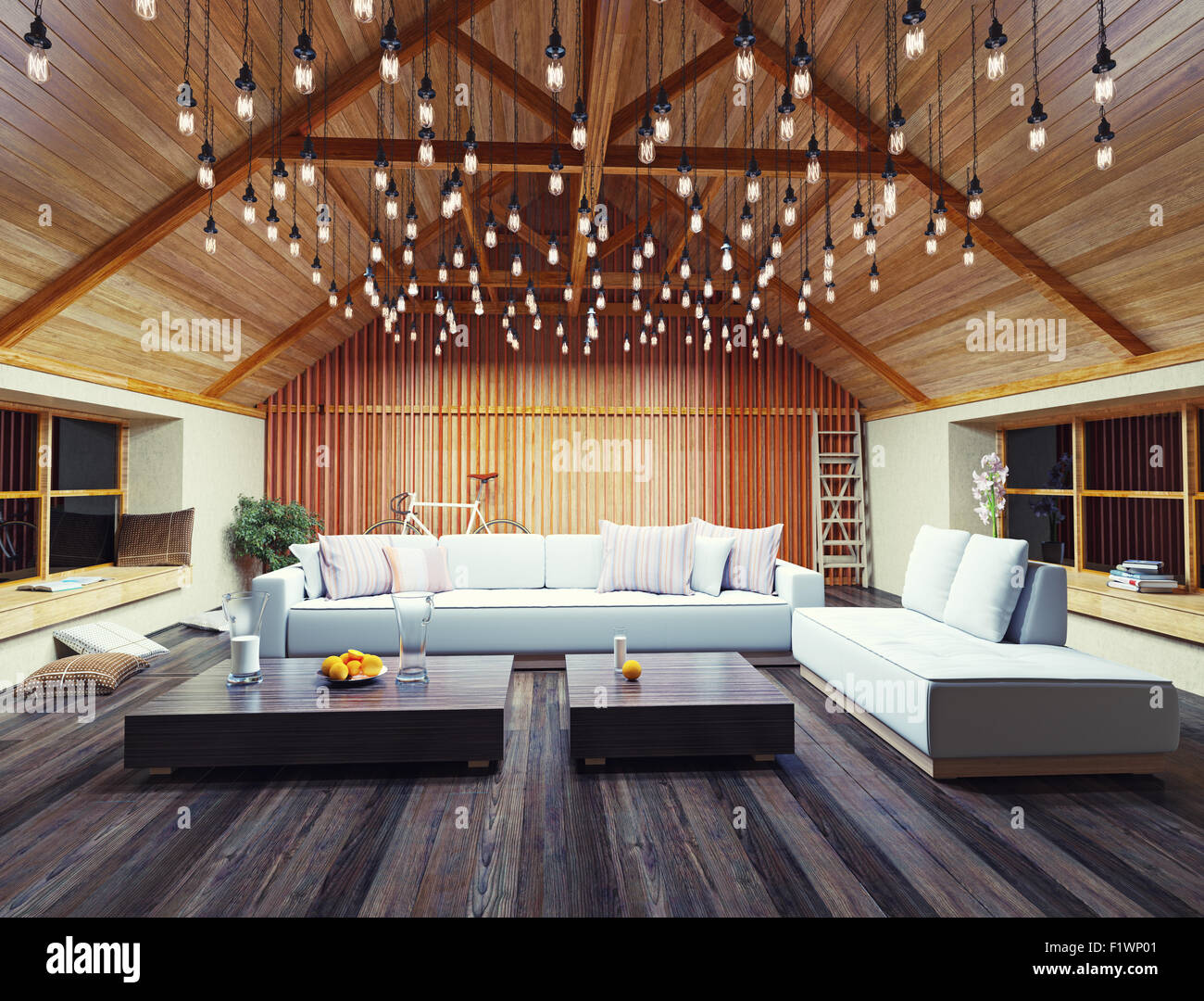 &#XA;bellissimo arredamento moderno loft in serata. 3d concept design. Foto Stock