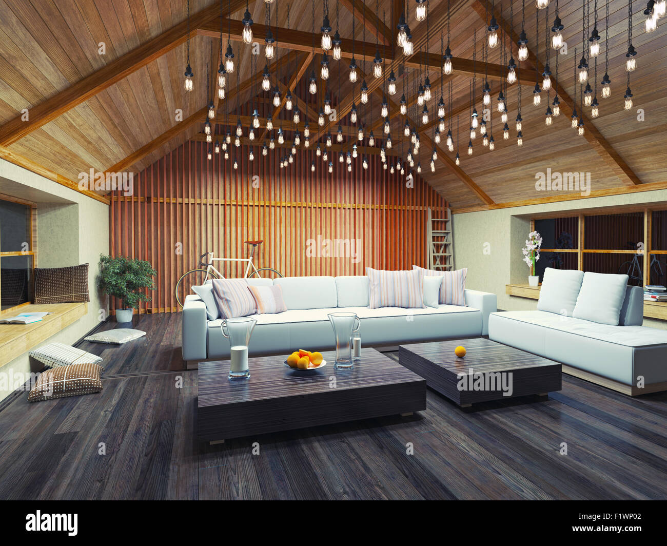 &#XA;bellissimo arredamento moderno loft in serata. 3d concept design. Foto Stock