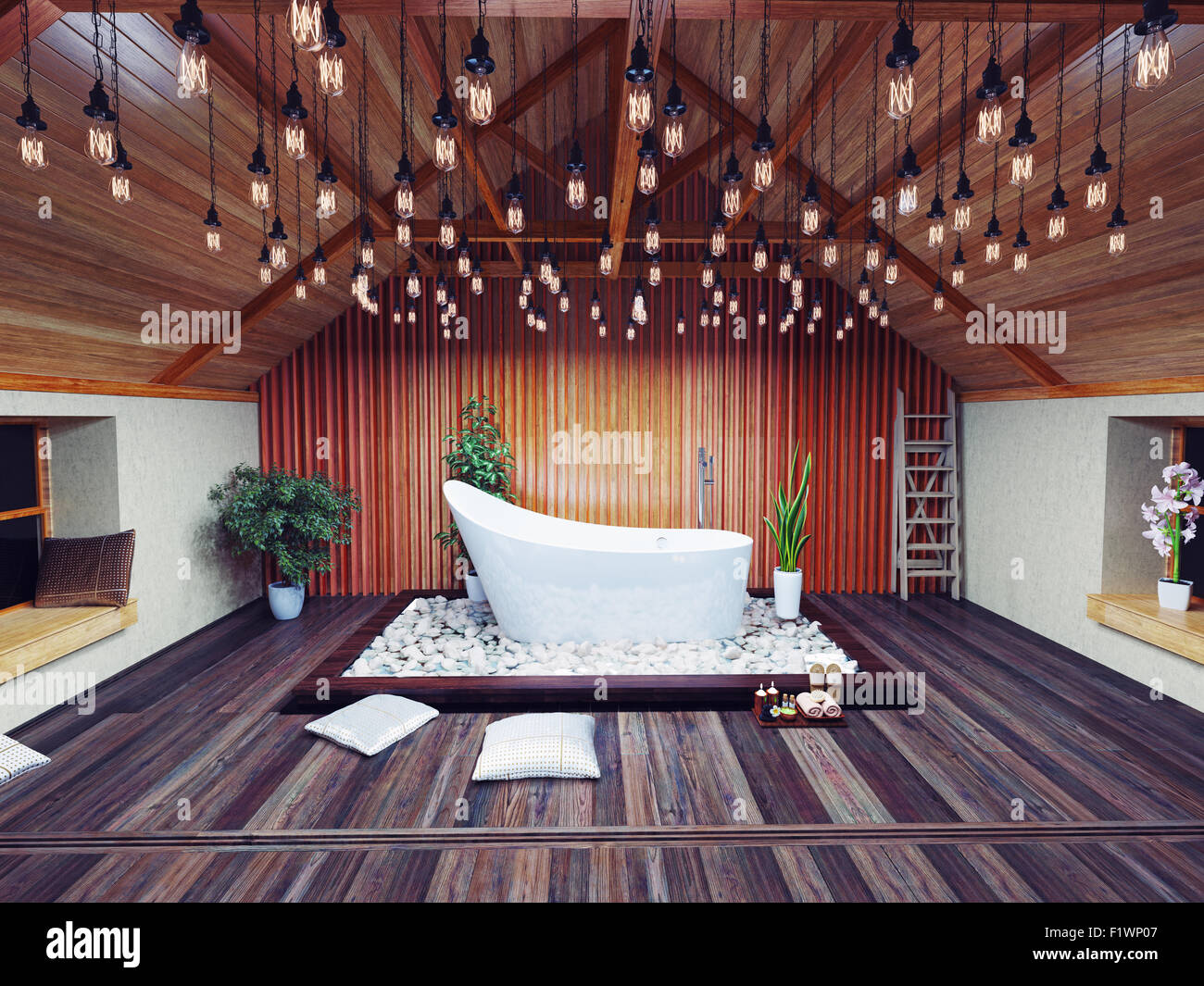 Bel bagno in soffitta nella notte. 3d design concept Foto Stock