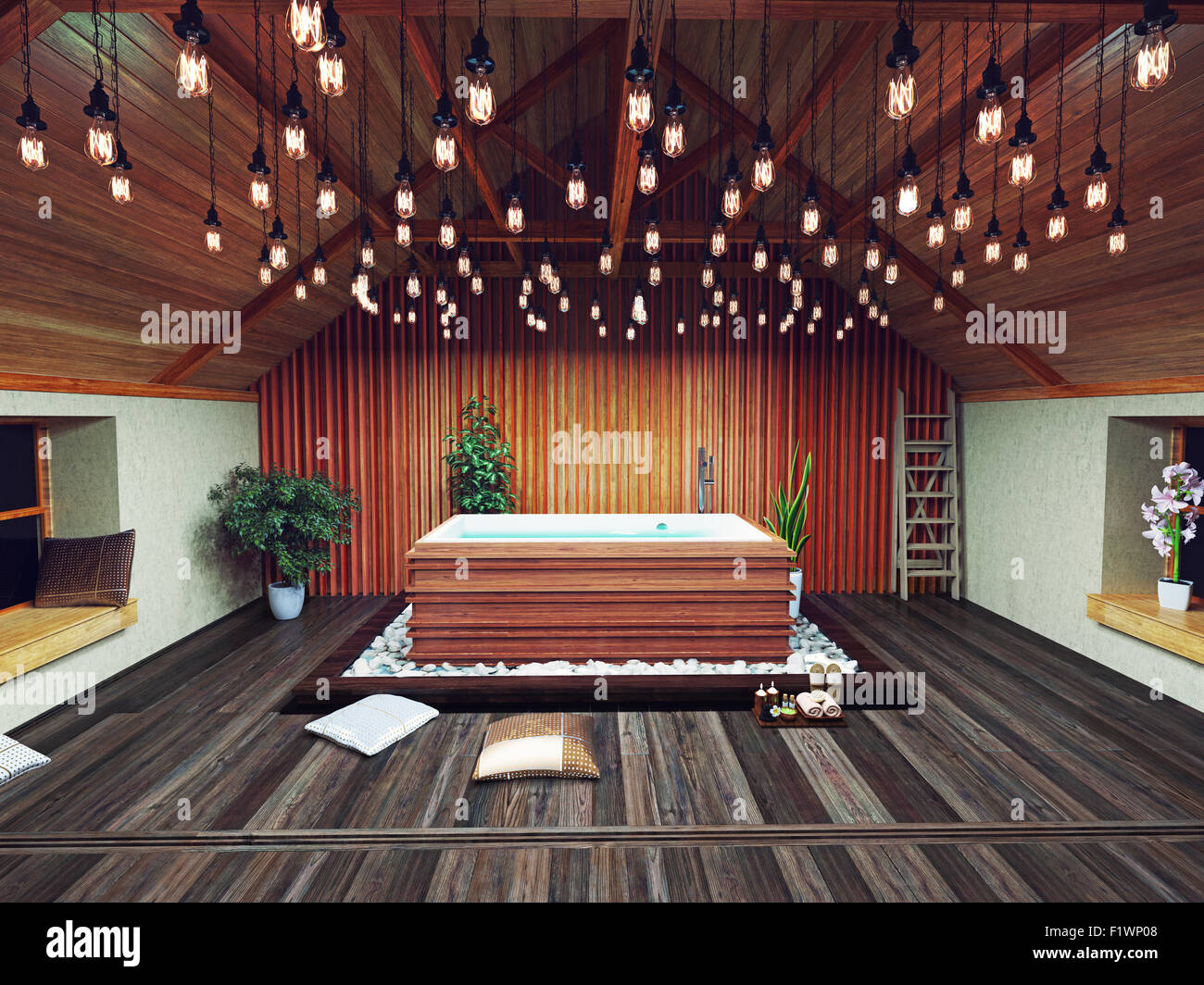 Bel bagno in soffitta nella notte. 3d design concept Foto Stock