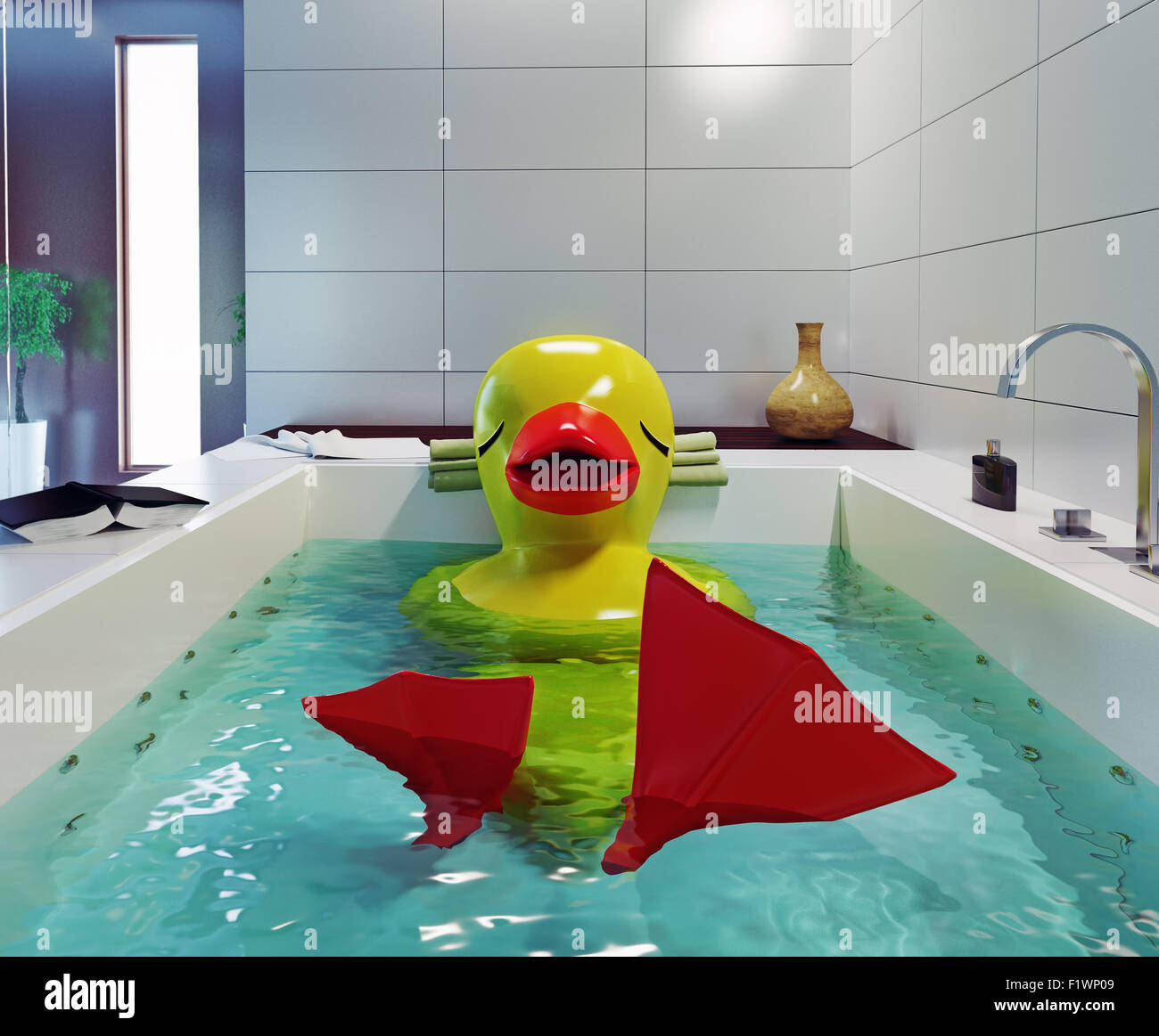 Il grande rubber duck rilassante nella stanza da bagno. 3d concetto creativo Foto Stock