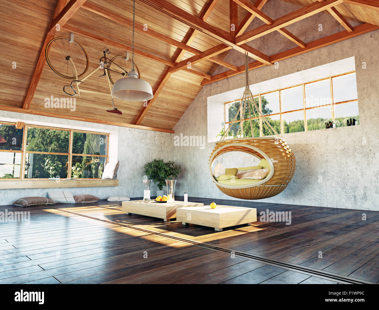 Splendido attico moderno interno con appeso un divano. 3d design concept. Foto Stock
