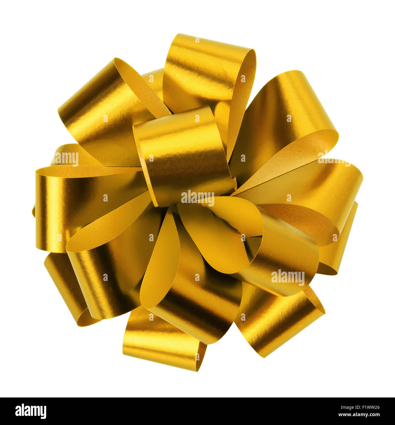 Golden bow isolato su uno sfondo bianco. Foto Stock