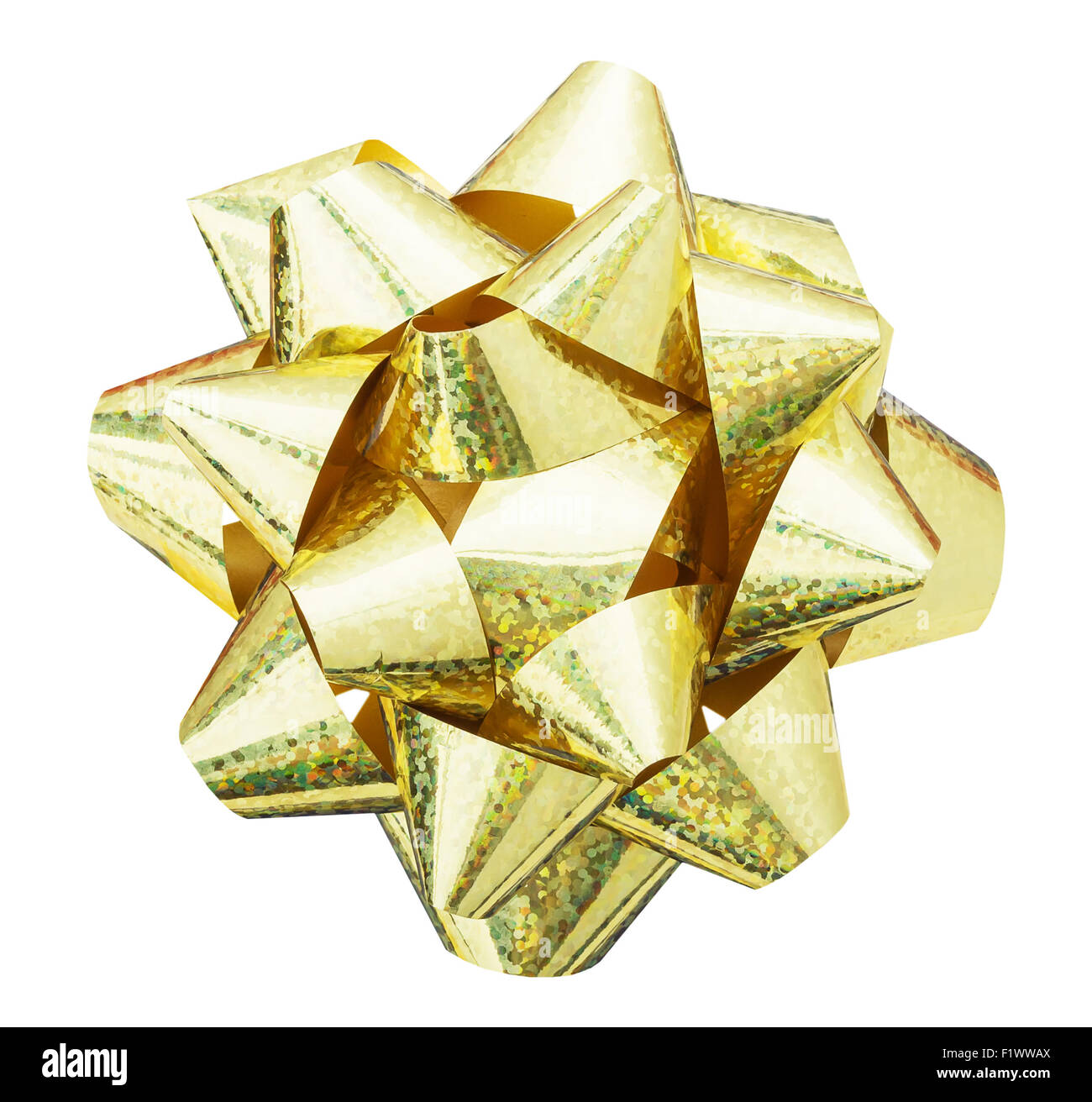 Golden bow isolato su uno sfondo bianco. Foto Stock