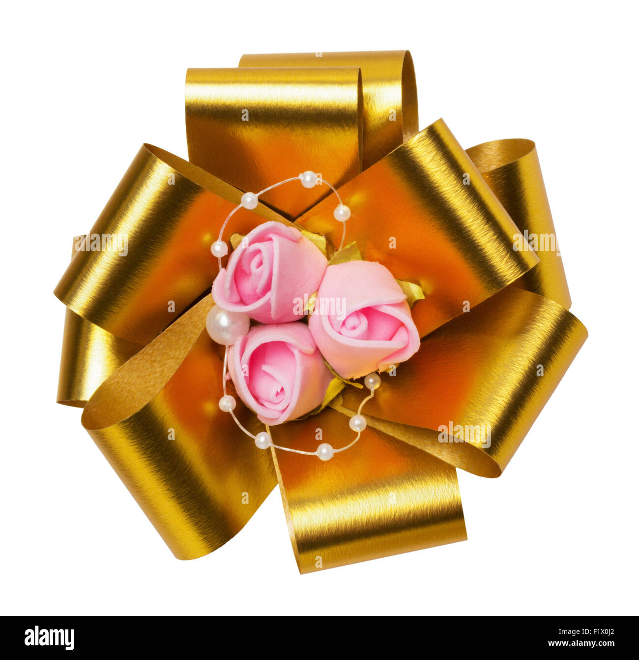 Golden bow isolato su uno sfondo bianco. Foto Stock