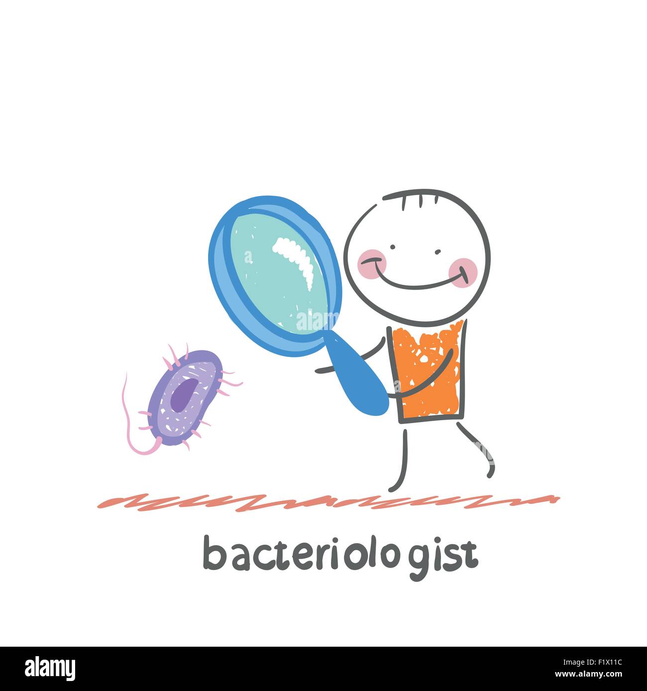 Bacteriologist guarda attraverso una lente di ingrandimento sui microbi Illustrazione Vettoriale
