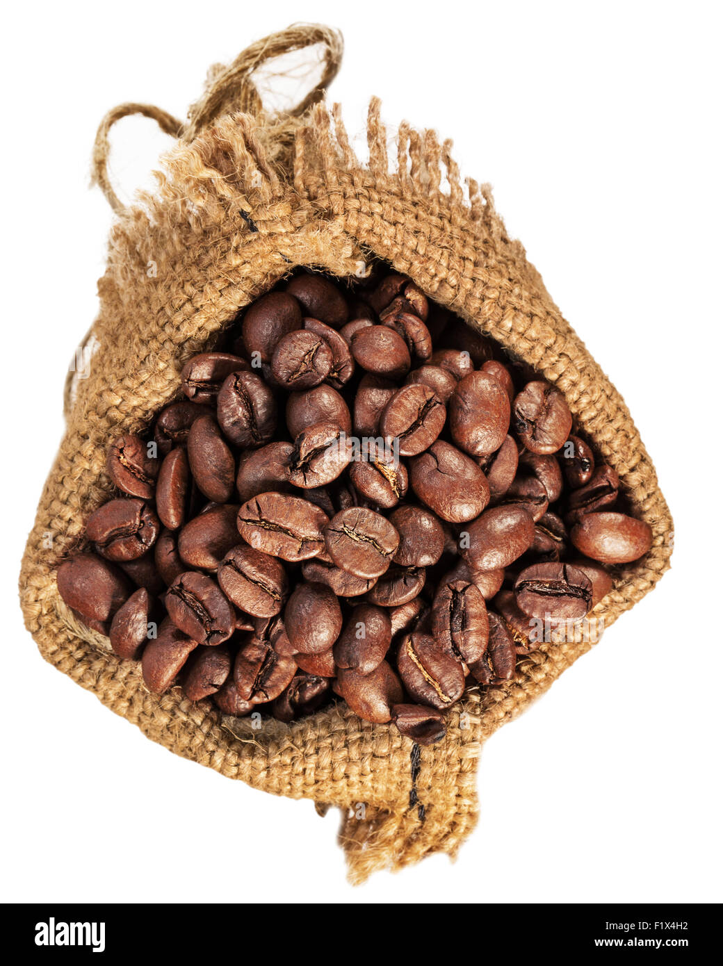 Borsa con i chicchi di caffè isolato su uno sfondo bianco. Foto Stock