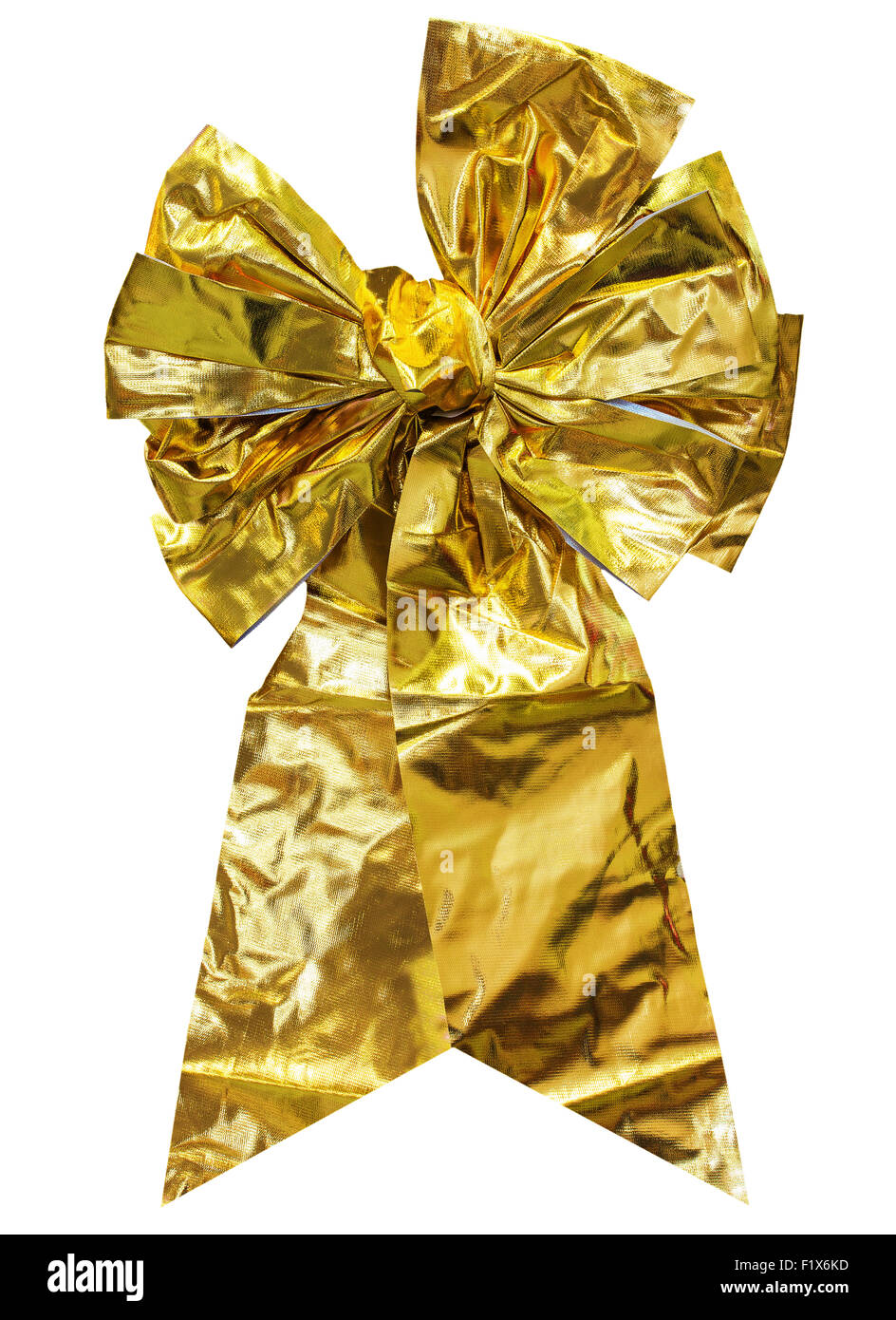 Golden bow isolato su uno sfondo bianco. Foto Stock