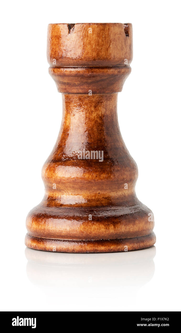 Legno nero a scacchi rook sullo sfondo bianco. Foto Stock