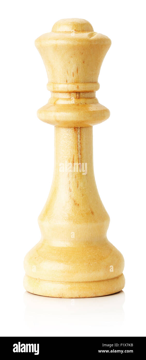 Legno bianco a scacchi regina su sfondo bianco. Foto Stock