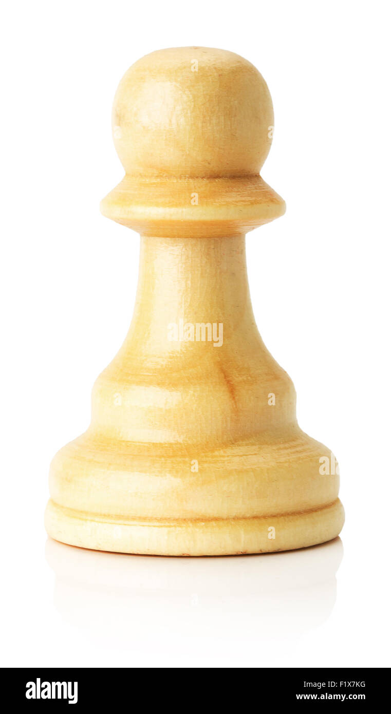 Legno bianco a scacchi pedina sullo sfondo bianco. Foto Stock