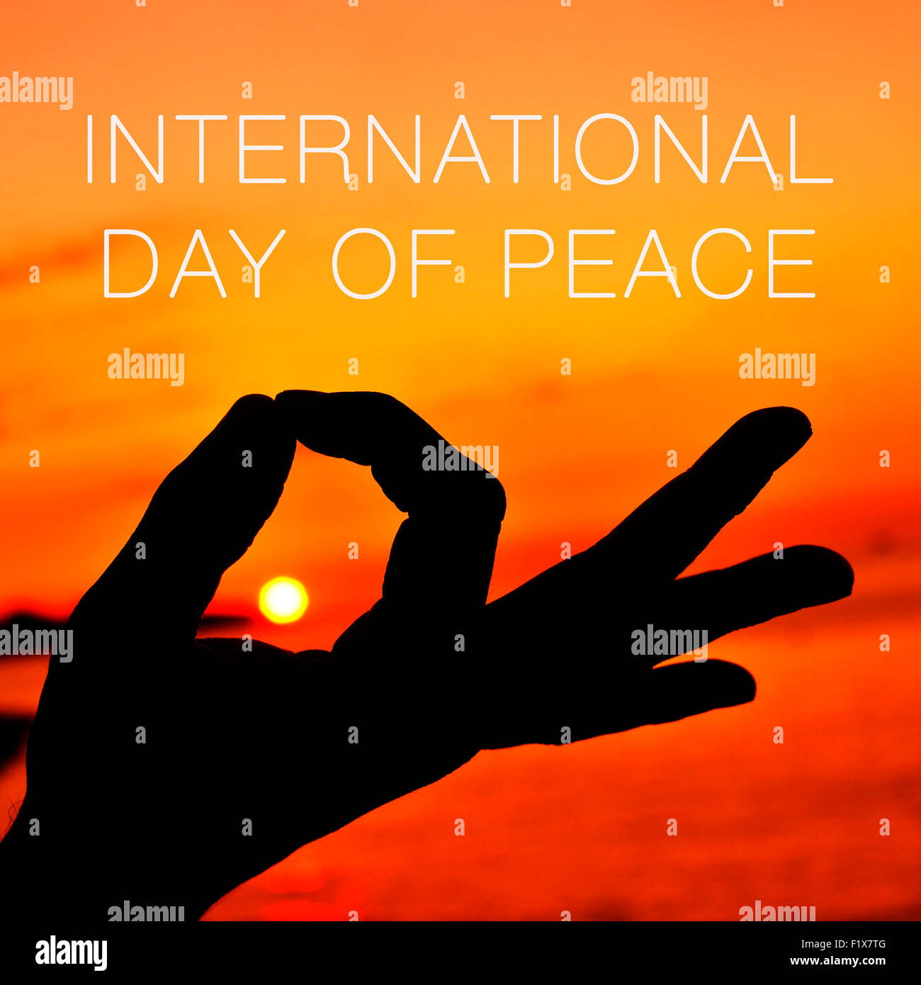 Primo piano di un giovane uomo meditando con le sue mani in gyan mudra al tramonto e il testo per la giornata internazionale della pace Foto Stock