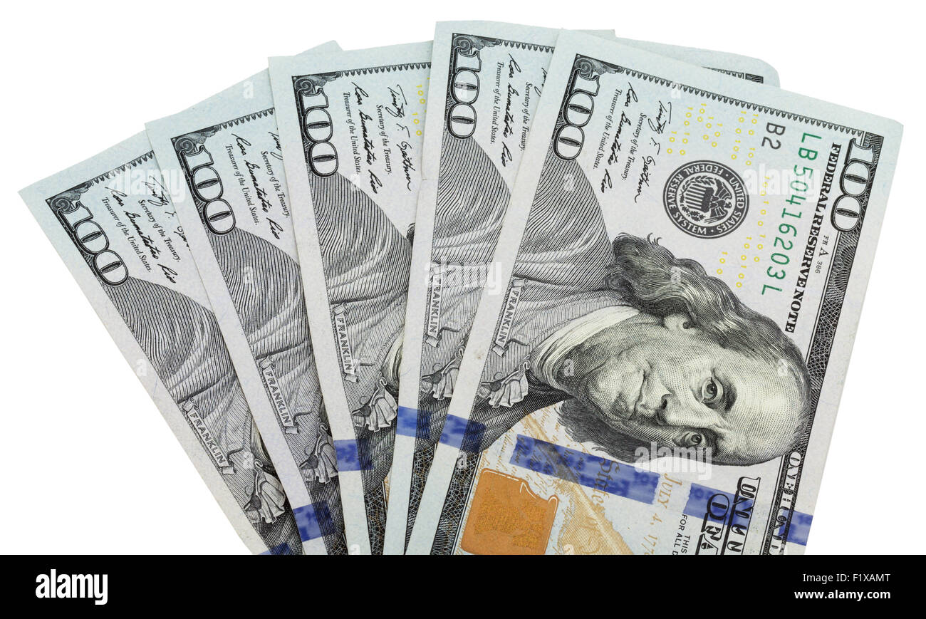 Di dollari denaro isolato su uno sfondo bianco. Foto Stock