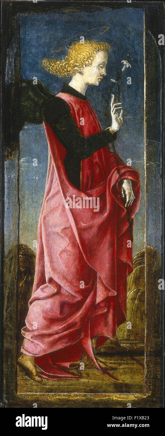 Cosmè Tura (Cosimo di Domenico di Bonaventura) - L'Annunciazione con San Francesco e San Ludovico di Tolosa [medio sul pannello a sinistra] Foto Stock