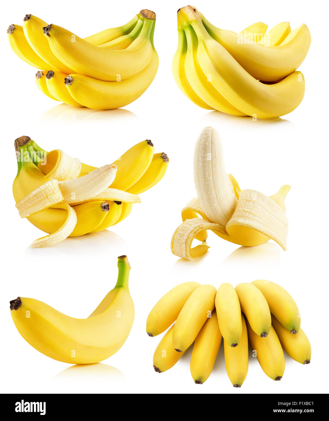 Set di banane isolato su uno sfondo bianco. Foto Stock