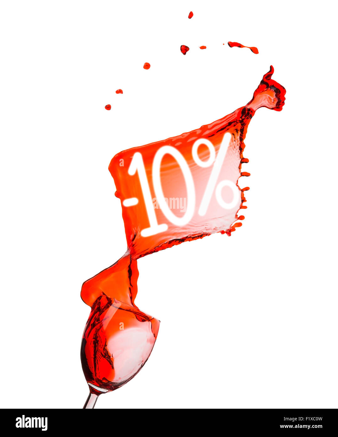 Vino rosso splash. 10% di sconto. Isolato su sfondo bianco. Foto Stock