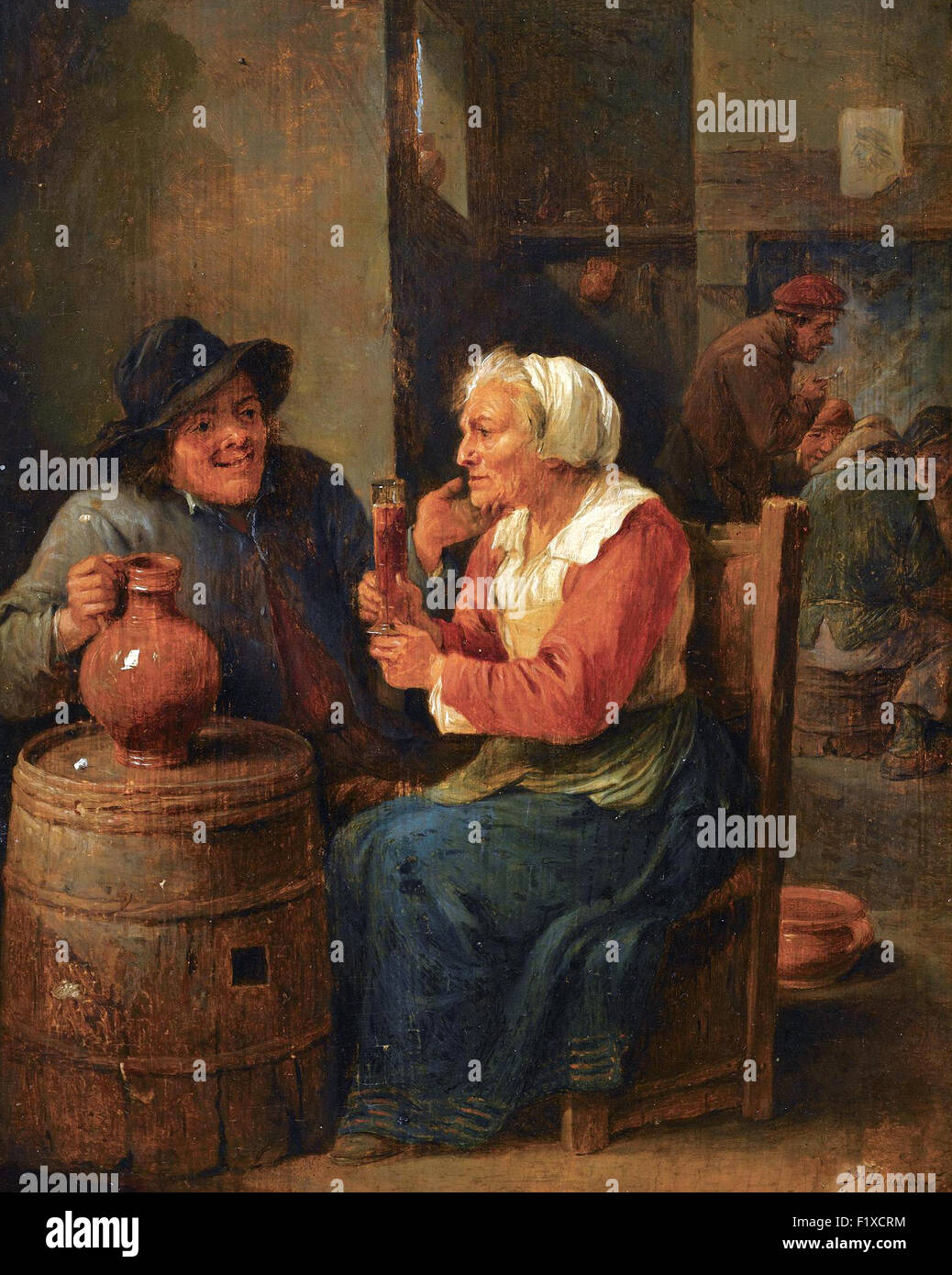 David Teniers il Giovane - una scena in interni con un uomo e una donna anziana seduti attorno ad un cilindro di bere, altre figure di fumare in background Foto Stock
