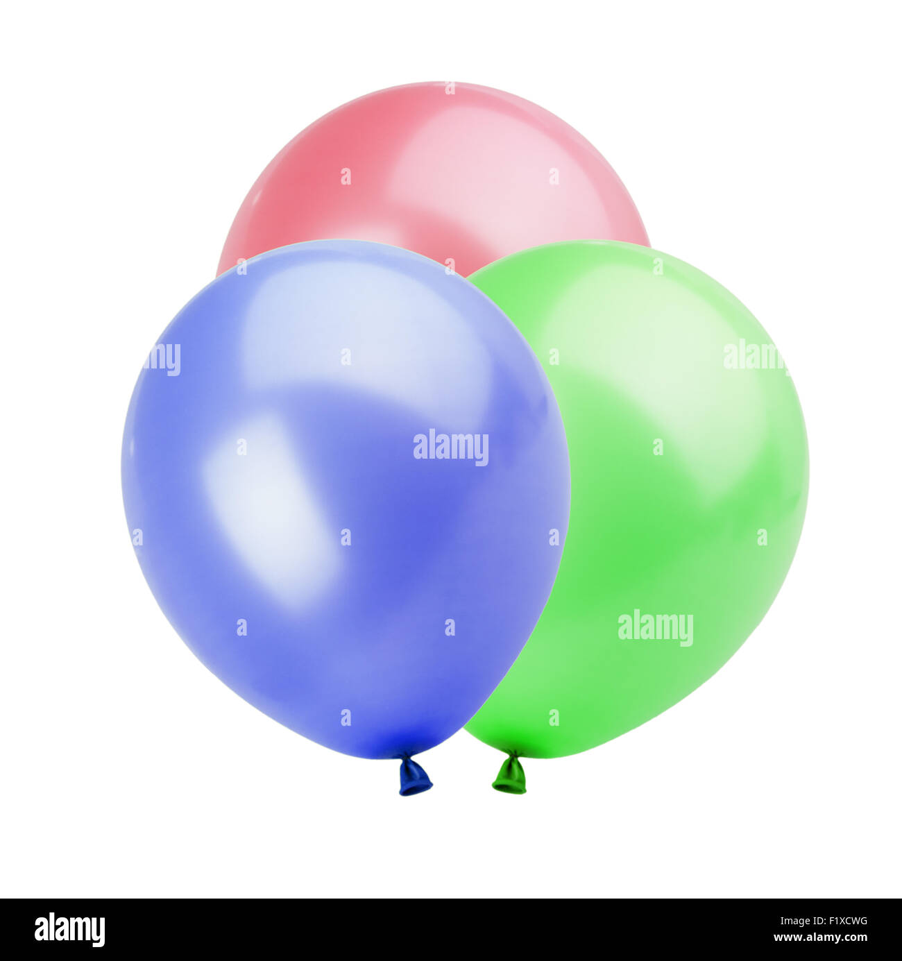 Tre palloncini colorati su sfondo bianco Foto Stock