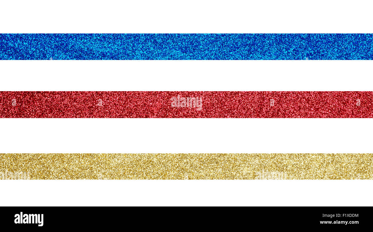 Oro, rosso e nastro di colore blu su sfondo bianco Foto Stock