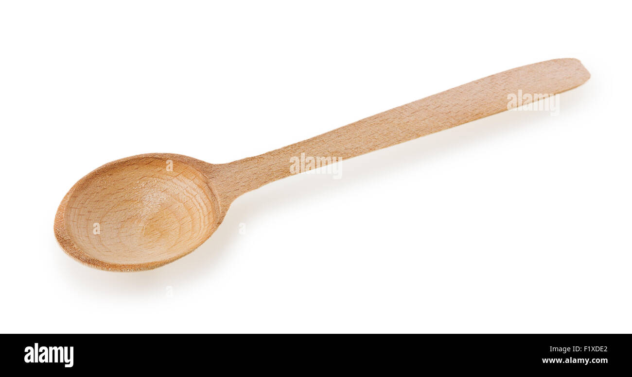 Cucchiaio di legno su sfondo bianco Foto Stock