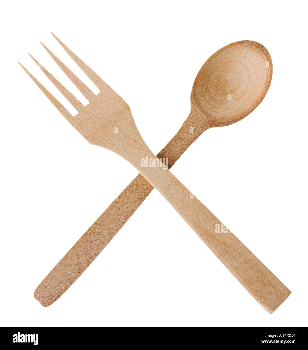 Il cucchiaio di legno e forcella su sfondo bianco Foto Stock