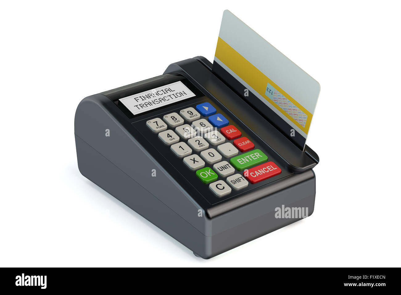 POS-terminale con la carta di credito isolati su sfondo bianco Foto Stock