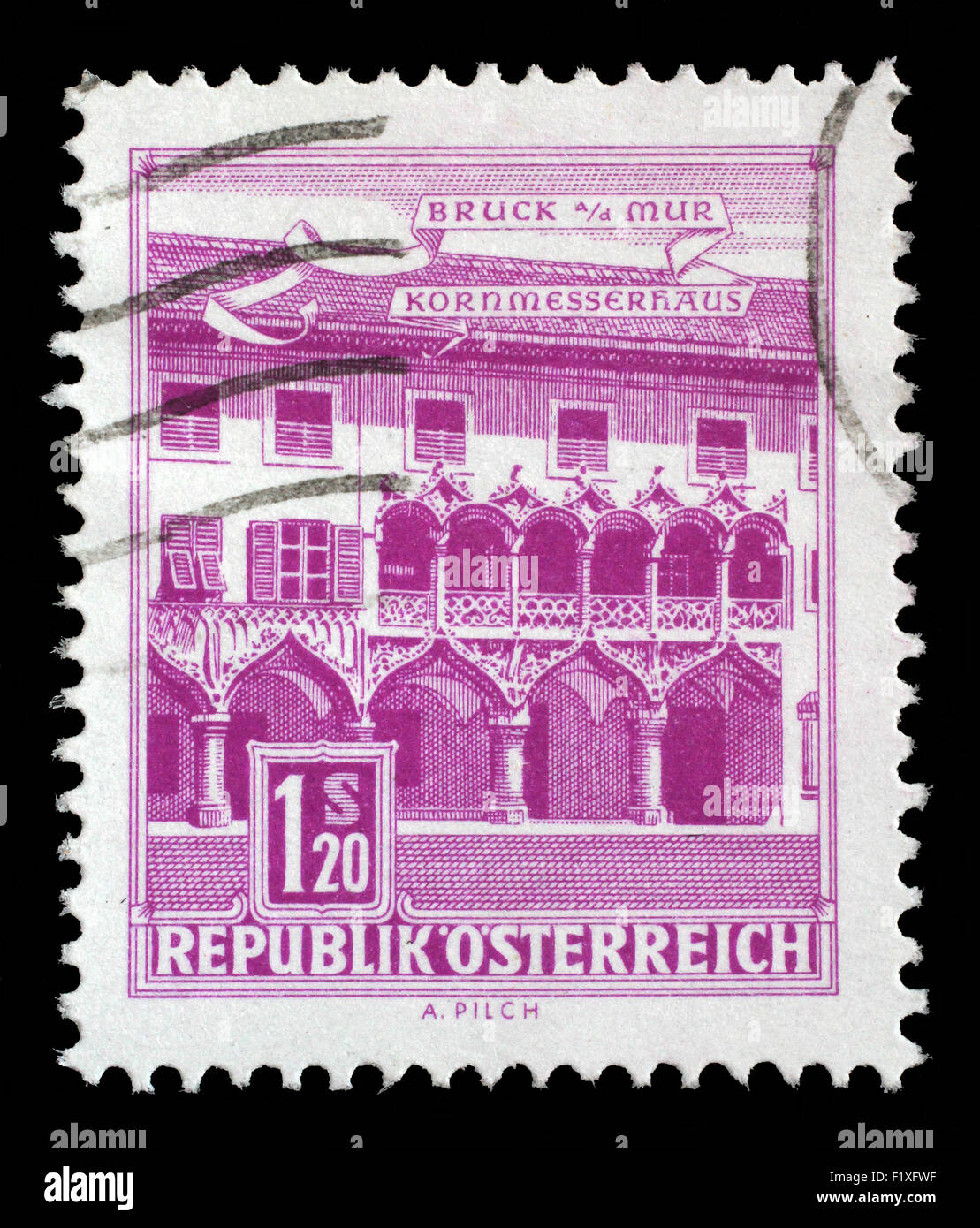 Timbro stampato in Austria mostra Kornmesser House, Bruck sul Mur, 1962 circa Foto Stock