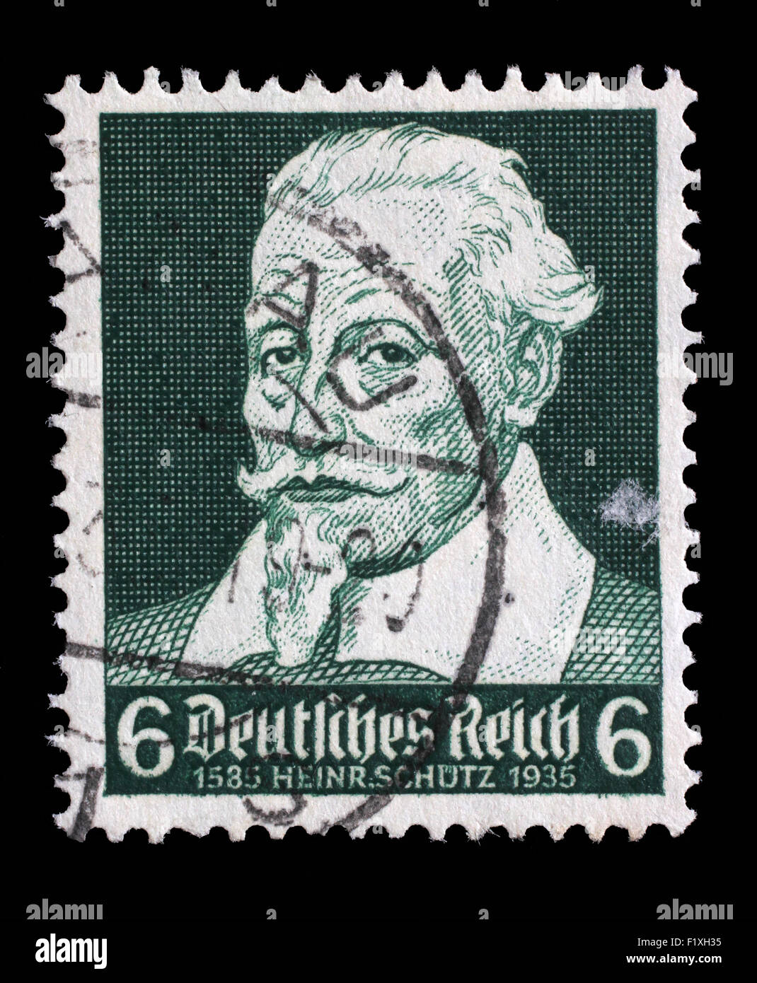 Timbro stampato nel Reich tedesco mostra Heinrich Schutz (1585-1672), compositore, circa 1935. Foto Stock