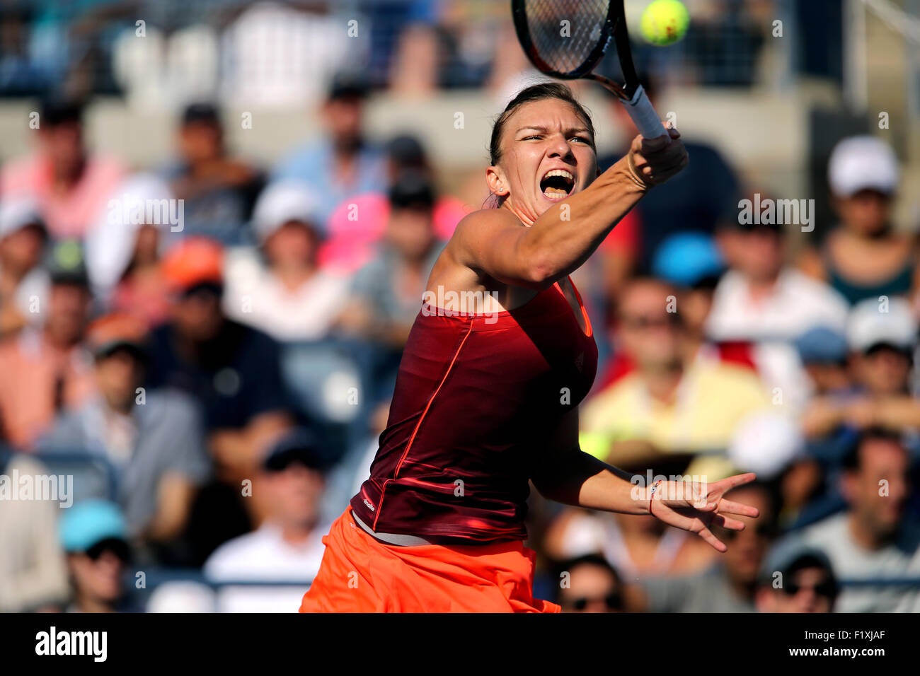 Flushing Meadows, New York, Stati Uniti d'America. 07Th Sep, 2015. Simona Halep, il numero 2 le sementi provenienti dalla Romania, durante il suo quarto round match contro Sabine LISICKI di Germania presso l'U.S. Aperto in Flushing Meadows, New York il 7 settembre 2015. Halep ha vinto la partita in tre set. Credito: Adam Stoltman/Alamy Live News Foto Stock