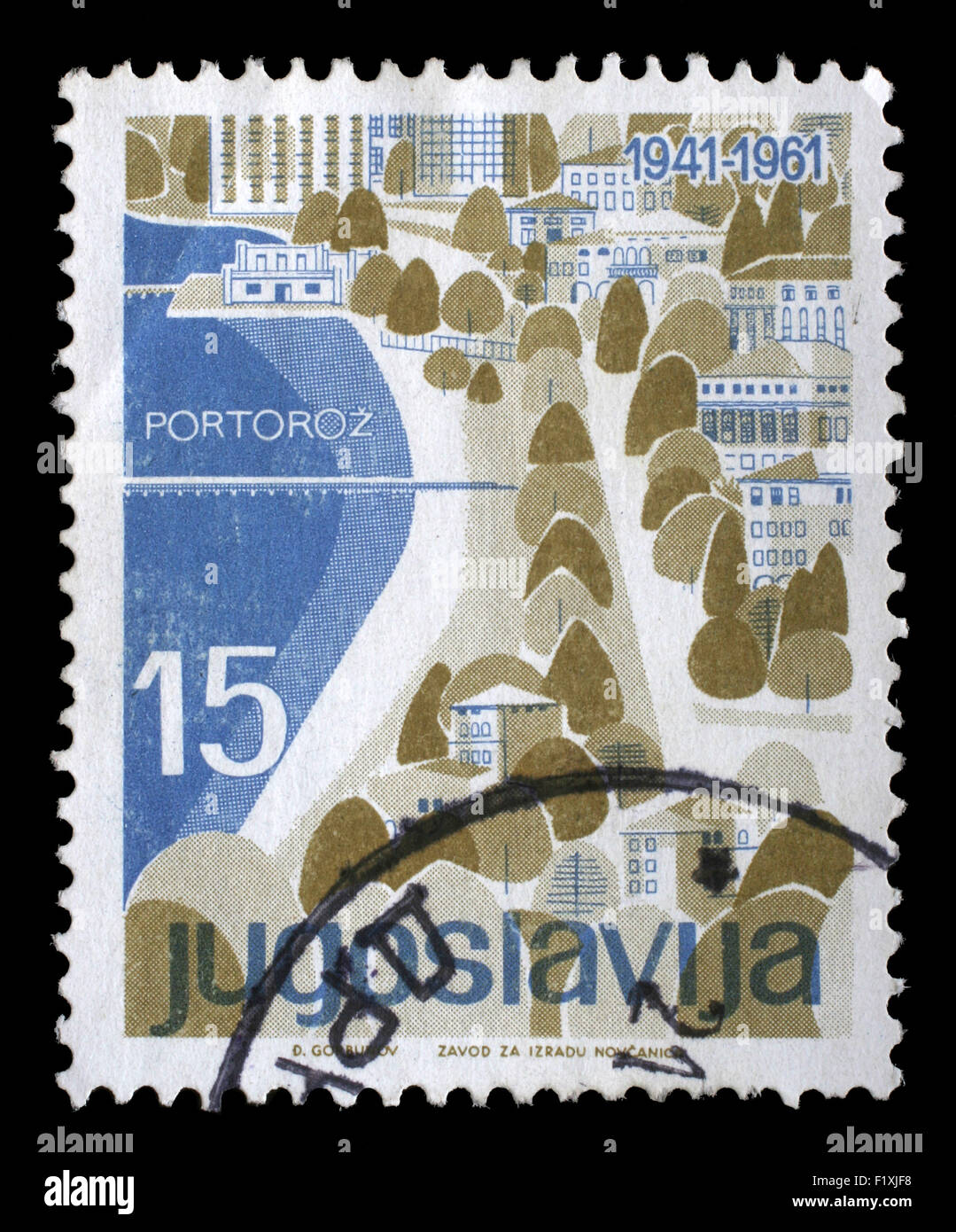Timbro stampato in Iugoslavia dal turismo locale problema mostra Portoroz, Slovenia, circa 1961. Foto Stock