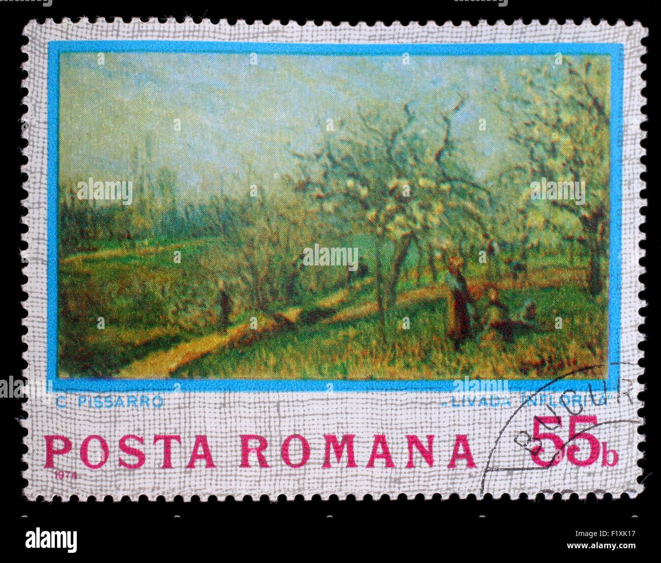 Timbro stampato in Romania mostra di frutteti in fiore, dipinto da Camille Pissarro, circa 1974 Foto Stock