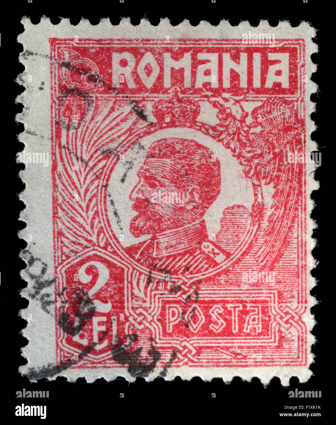 Timbro stampato in Romania mostra Ferdinando I di Romania, circa 1923 Foto Stock