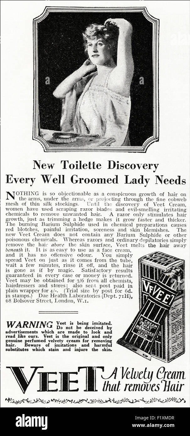 1920s annuncio. Annuncio datato 1923 pubblicità Veet depilazione crema. Foto Stock