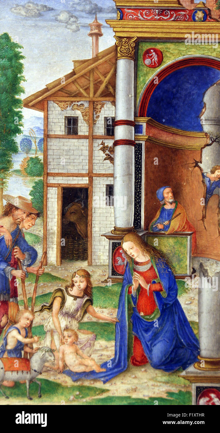 Matteo da Milano: miniature del breviario di Alfonso I d'Este: la nascita di Gesù Foto Stock