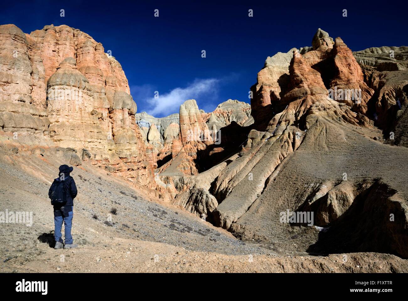 Il Nepal, Gandaki zona, Mustang superiore (vicino al confine con il Tibet), trekker nei pressi di rosso e giallo ocra formazioni rocciose in una valle vicino a Dhakmar village Foto Stock