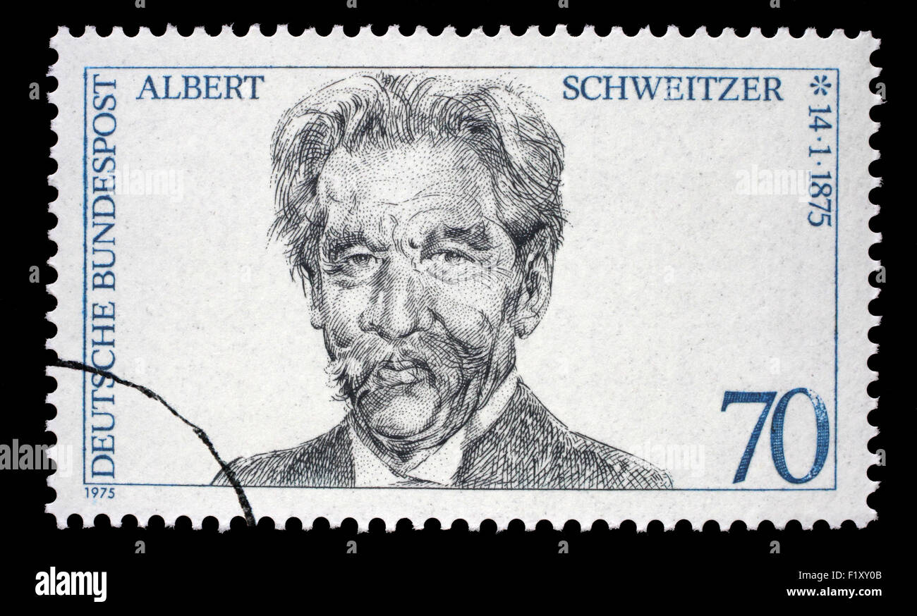 Timbro stampato in Germania mostra Albert Schweitzer, circa 1975 Foto Stock