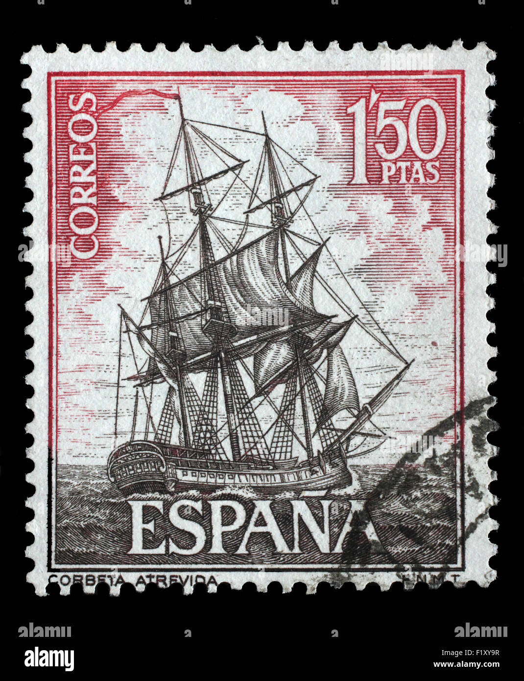 Timbro stampato in Spagna da 'Spanish Navy commemorazione. Le navi' problema mostra Corvette Atrevida, circa 1964. Foto Stock