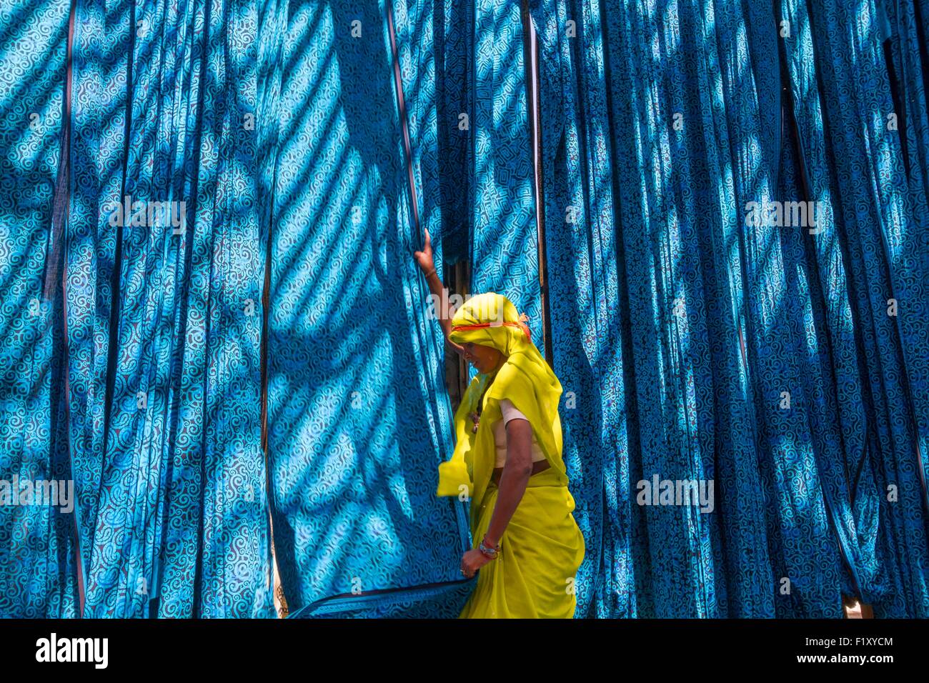 India Rajasthan, Sanganer, fabbrica tessile, raccolta di tessili a secco Foto Stock