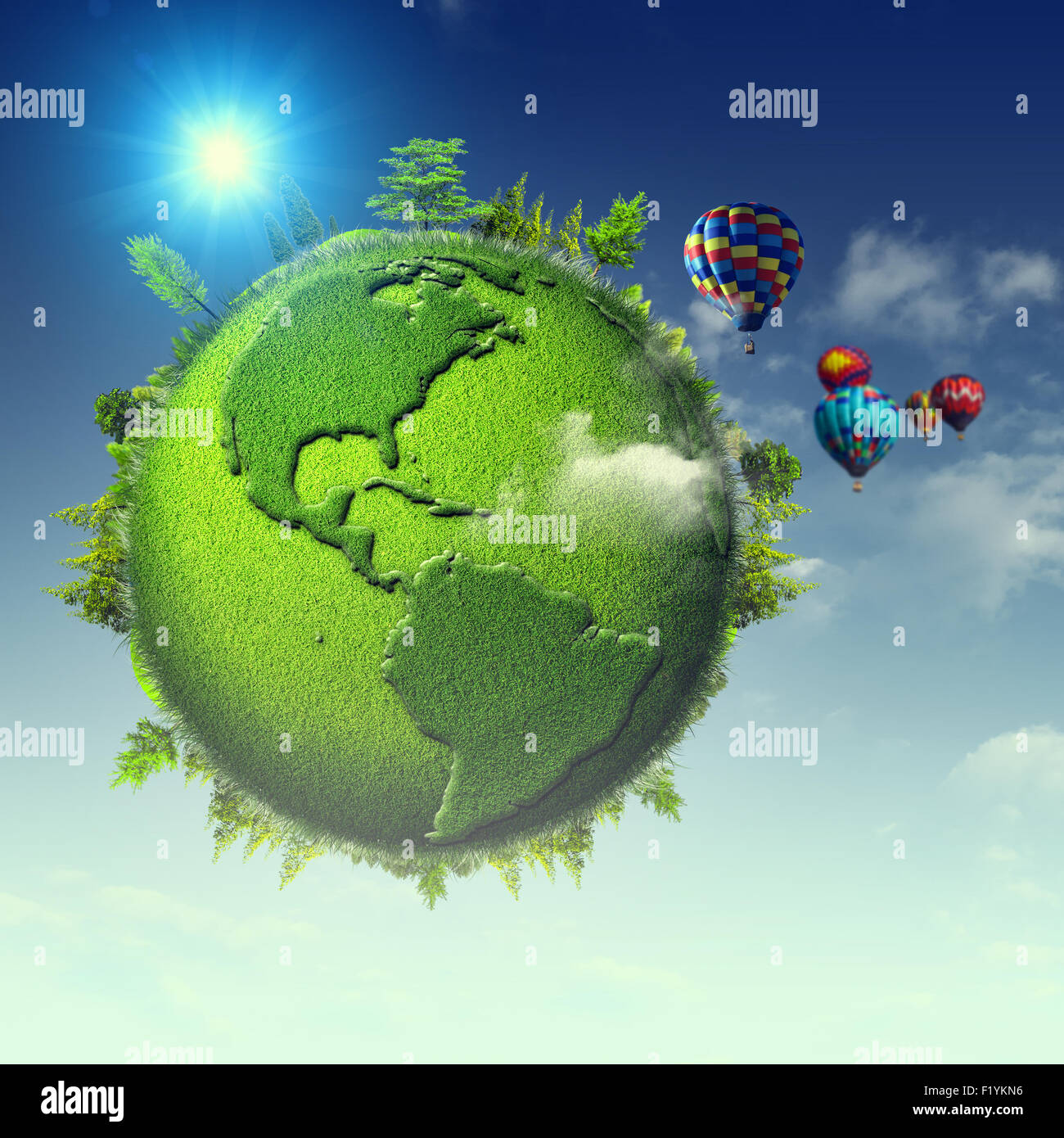 Pianeta verde. Abstract eco sfondi con il cielo blu e nuvole e globo terrestre Foto Stock