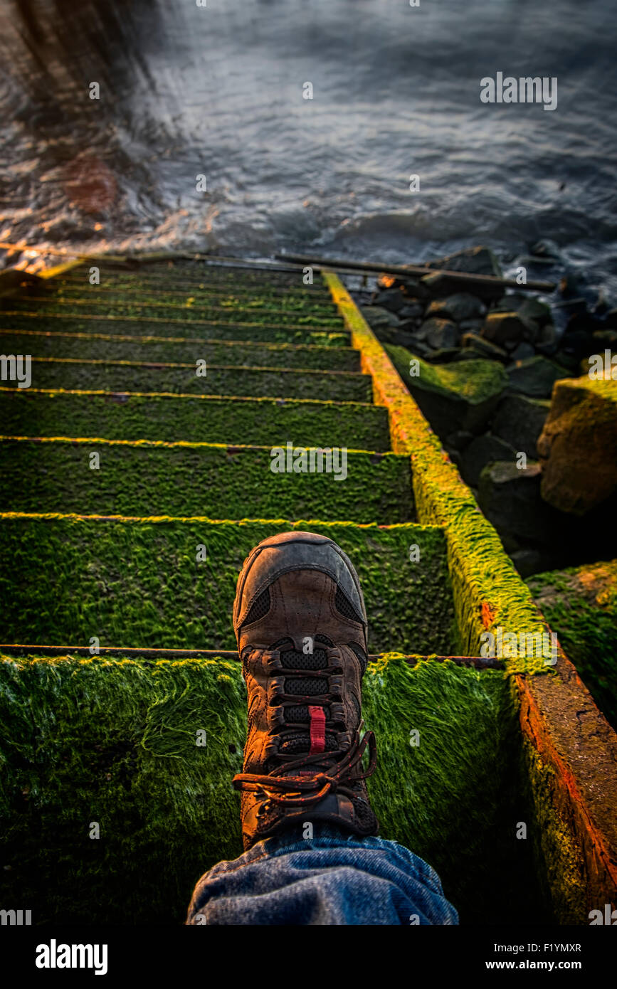 Piedi,Moss,Steps,Boot,Astoria River Foto Stock