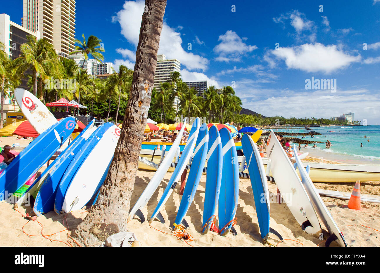 La spiaggia di Waikiki a Honolulu con tavole da surf in primo piano Foto Stock