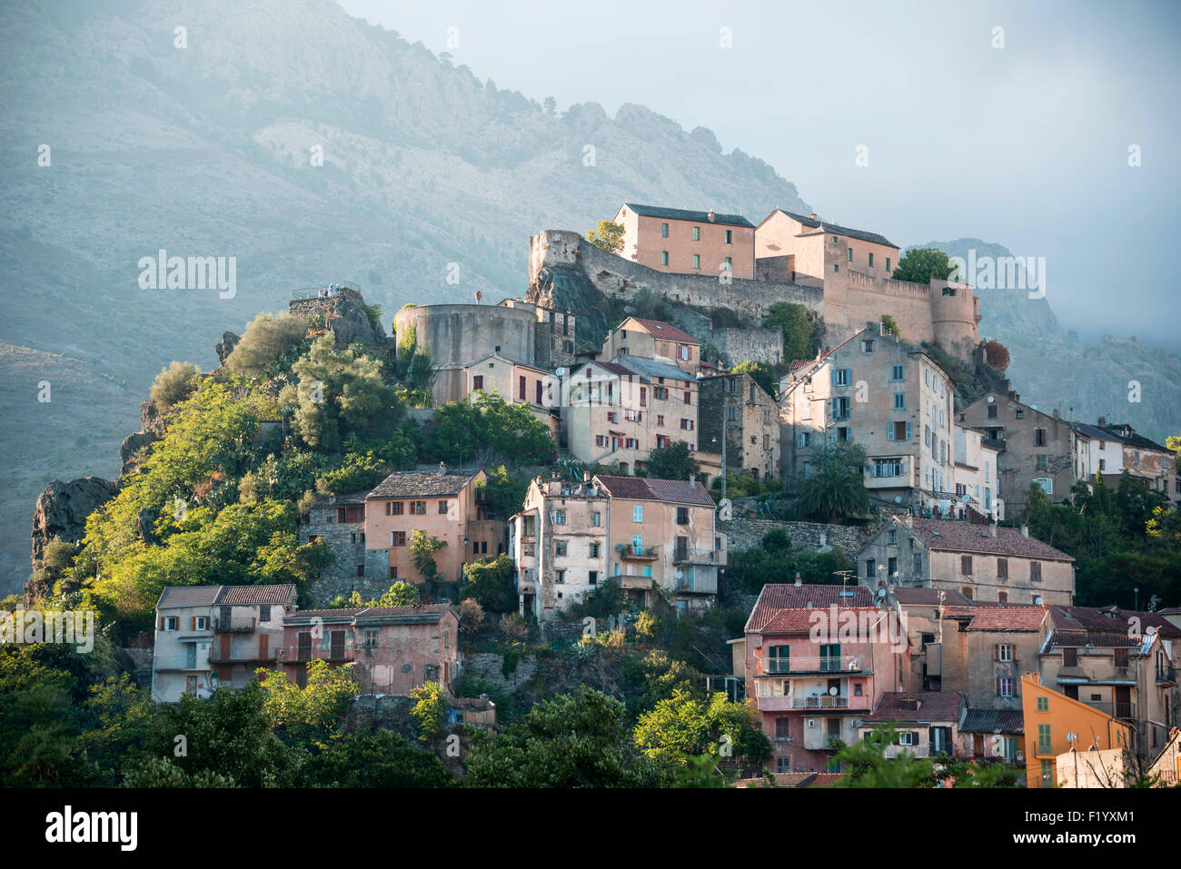 Vista sulla città, centro storico di Corte, Corsica, Francia Foto Stock