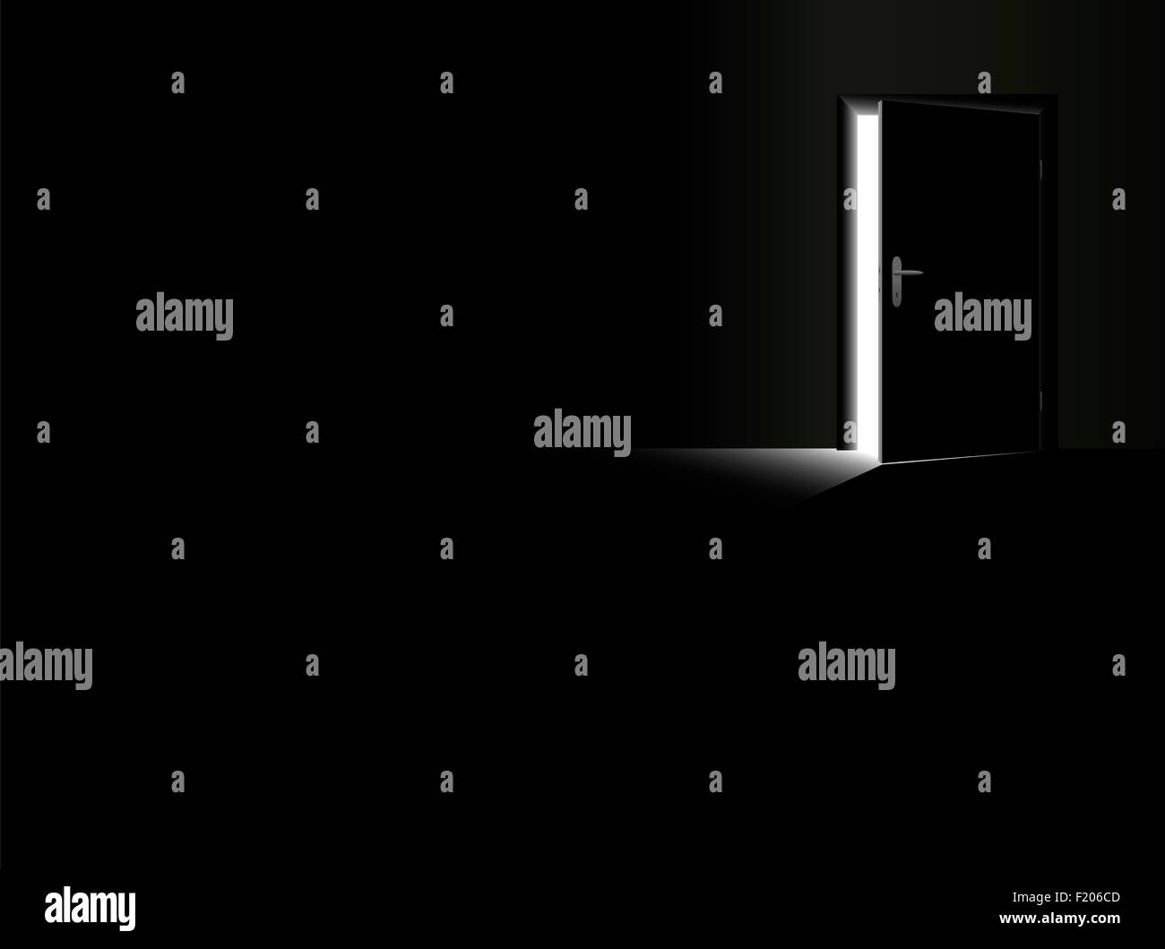 Tenebre - nero camera con una mezza porta aperta e un barlume di luce proveniente in. Foto Stock