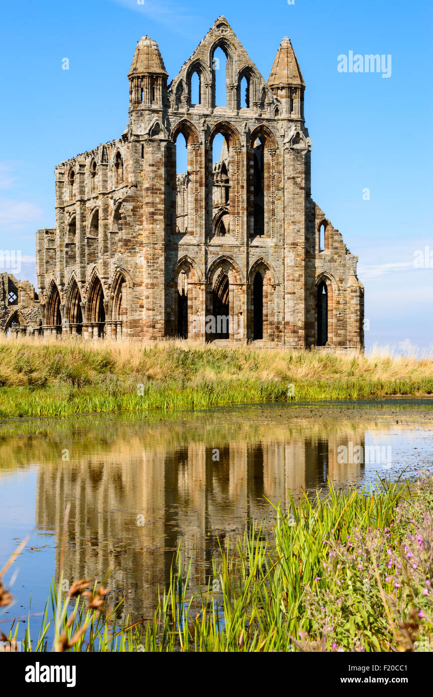 Whitby Abbey, con il lago in primo piano. A Whitby Abbey, North Yorkshire, Inghilterra. Foto Stock