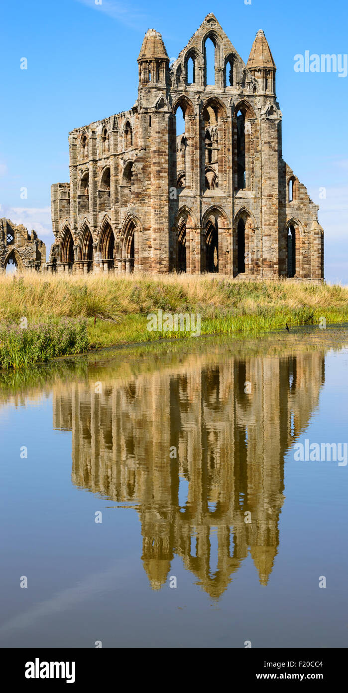 Whitby Abbey riflessa nel lago in primo piano. A Whitby Abbey, North Yorkshire, Inghilterra. Foto Stock