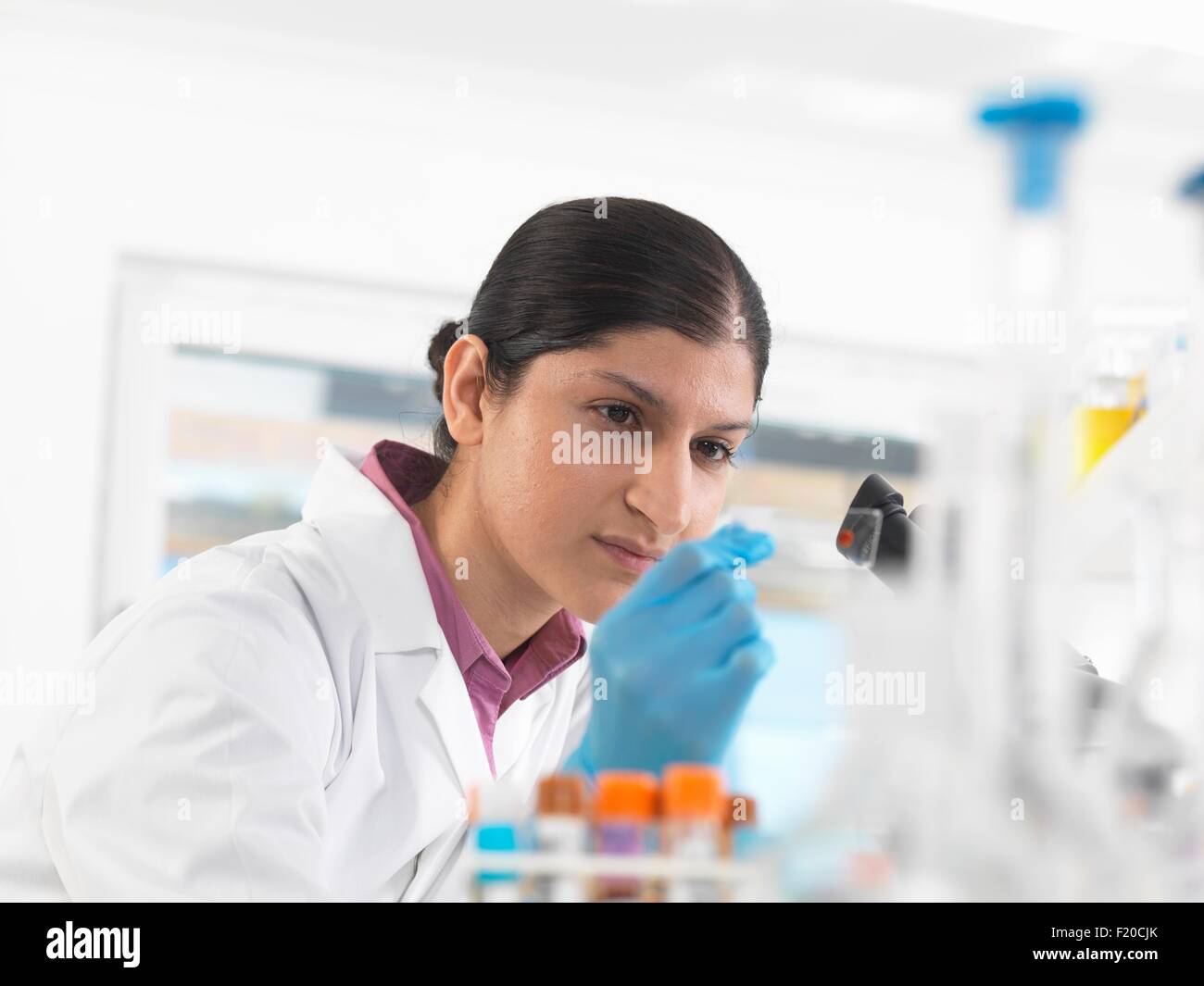 Giovane donna scienziato sangue visualizzazione diapositiva durante la sperimentazione clinica di medico di campioni in laboratorio Foto Stock