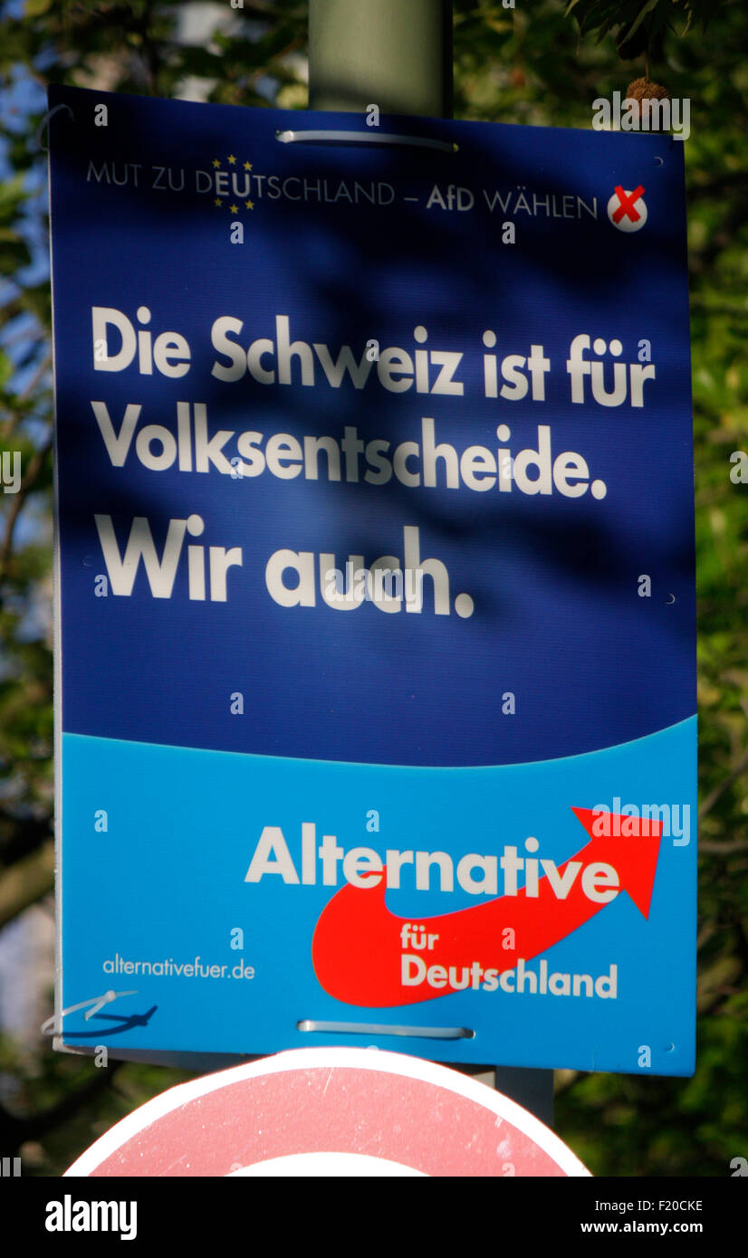 'Die Schweiz ist fuer Volksentscheide. Wir auch', alternativa fuer Deutschland - Wahlplakate zur Europawahl anstehenden, Berlino Foto Stock