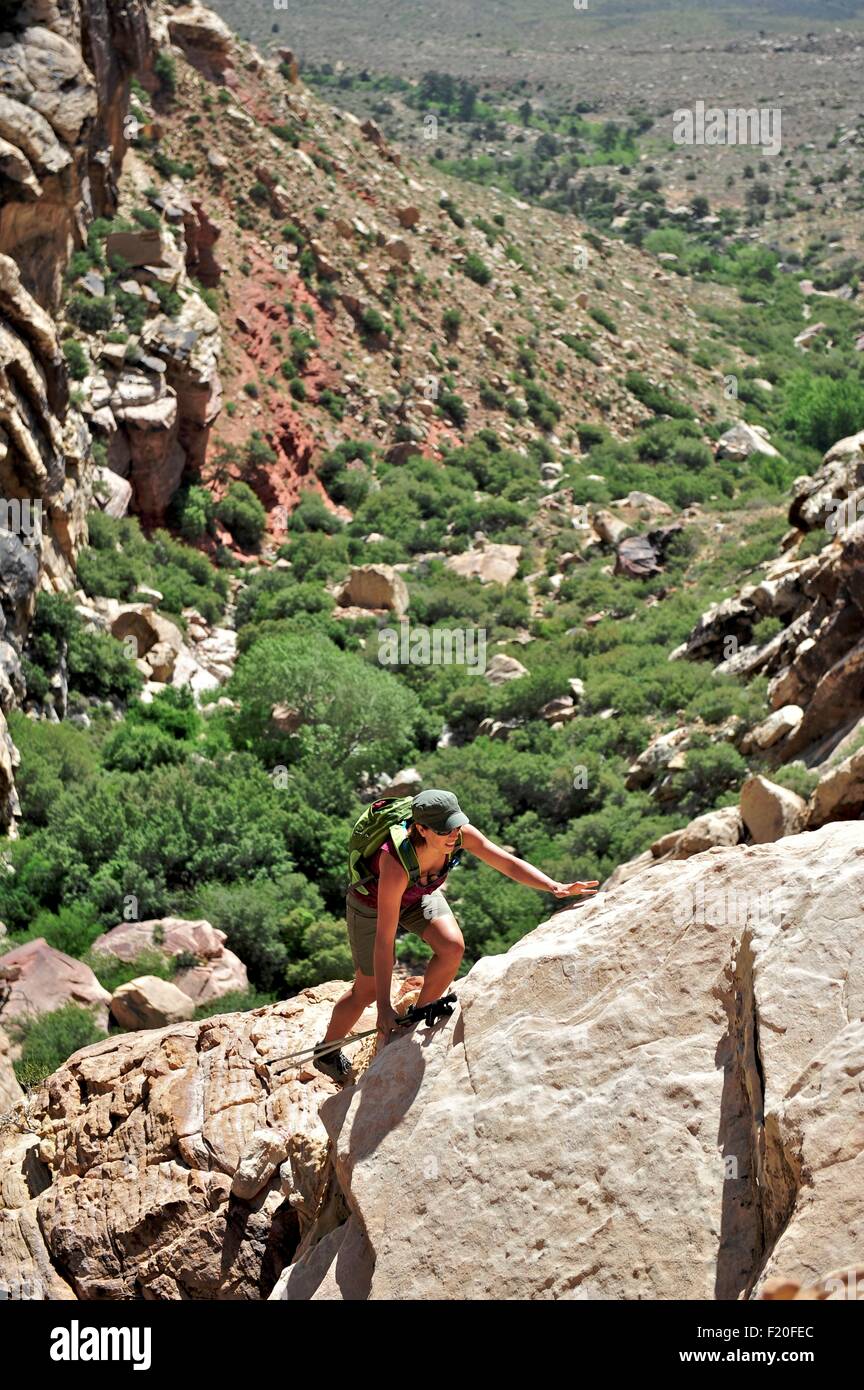 Elevato angolo di visione di un escursionista usando le mani per scalare le rocce, primo Creek, Las Vegas, Nevada, STATI UNITI D'AMERICA Foto Stock